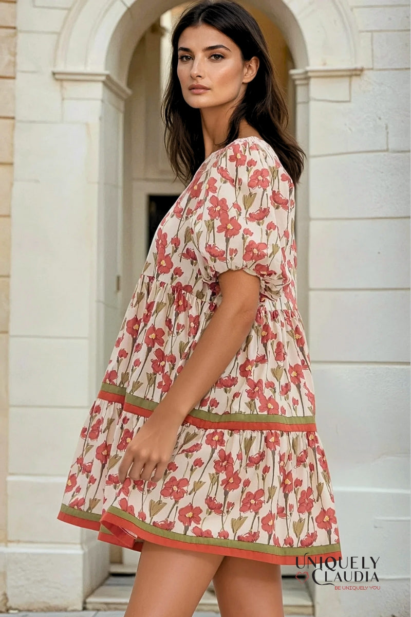 Lindsey Floral Print Bubble Sleeve Pullover Dress - Uniquely Claudia Boutique