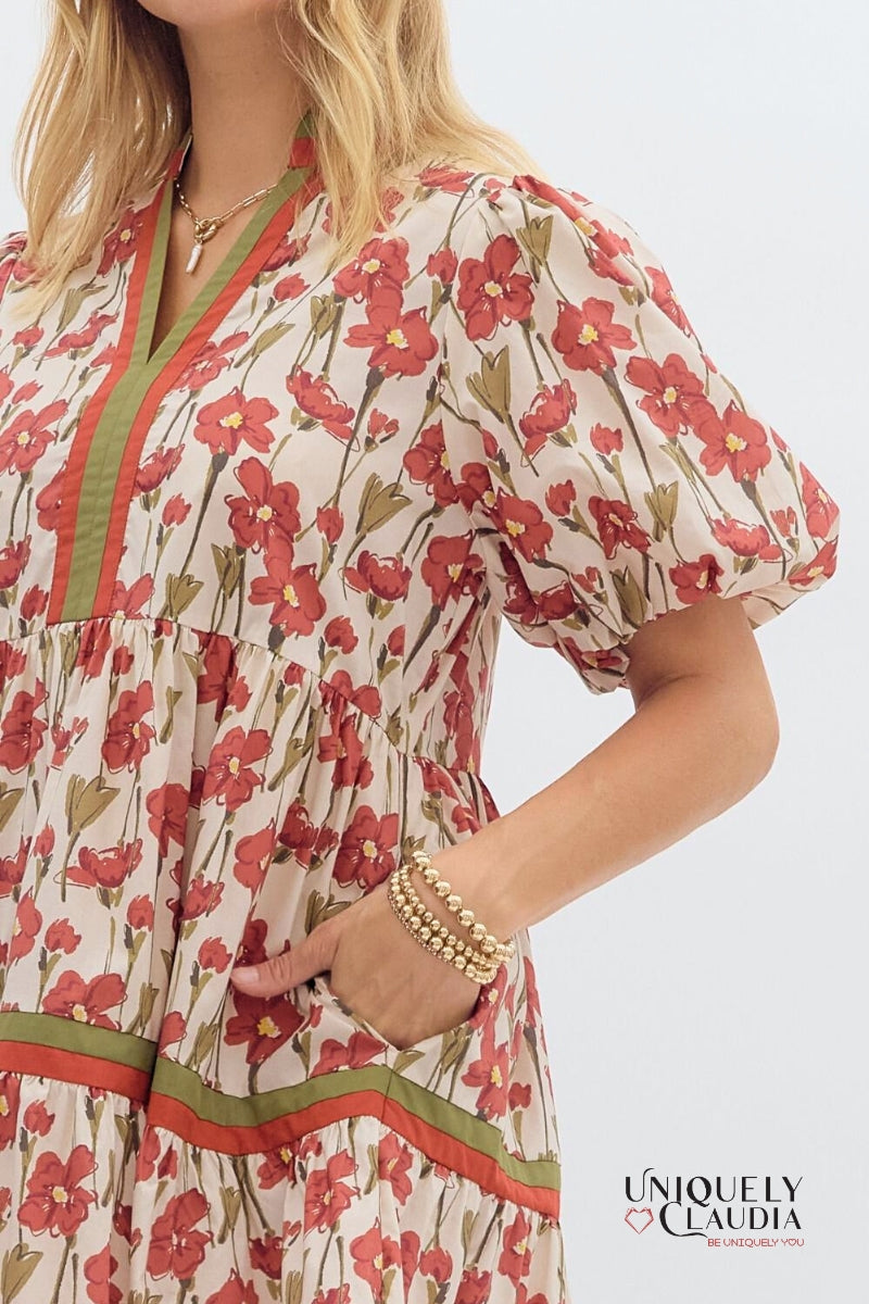 Lindsey Floral Print Bubble Sleeve Pullover Dress - Uniquely Claudia Boutique