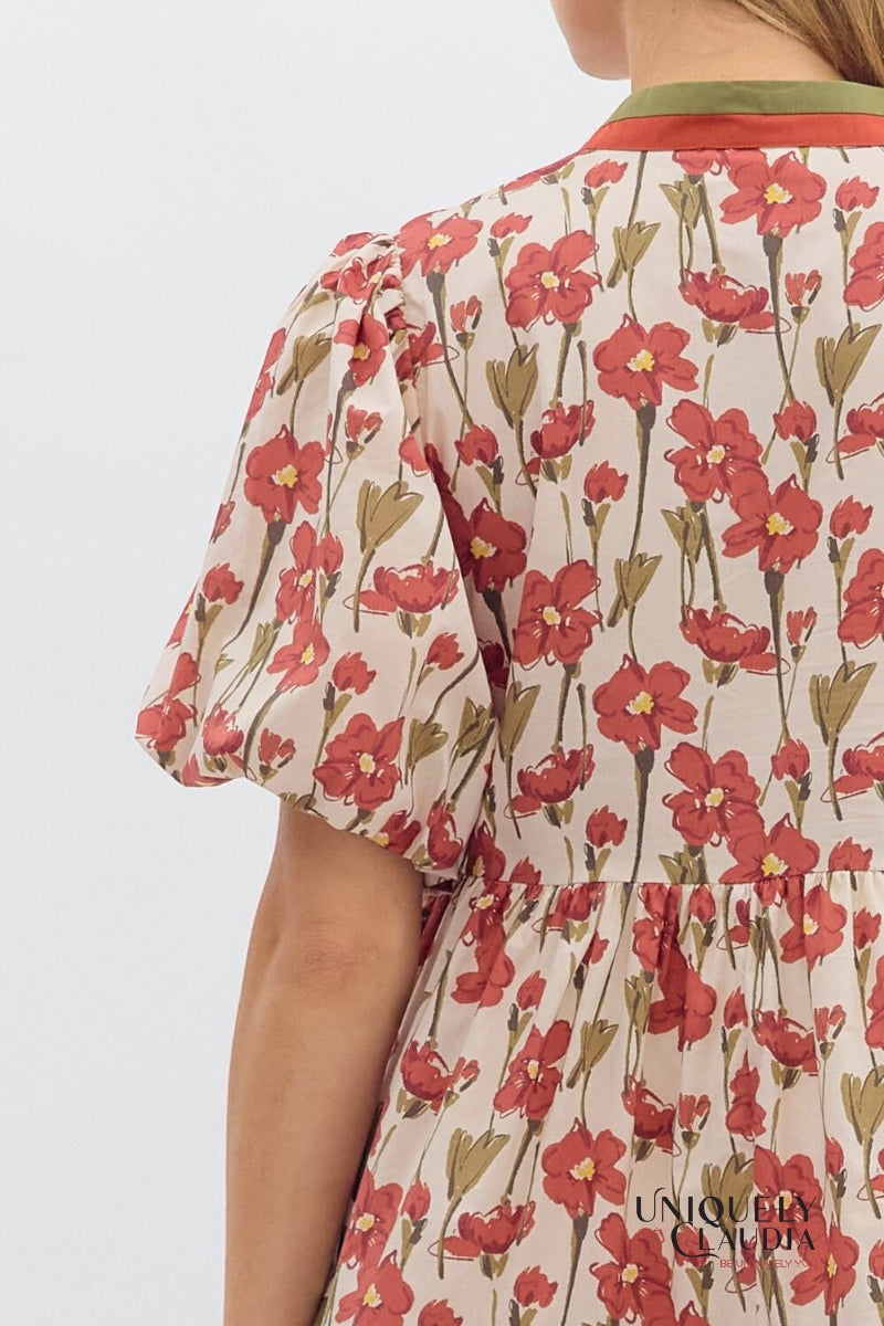 Lindsey Floral Print Bubble Sleeve Pullover Dress - Uniquely Claudia Boutique
