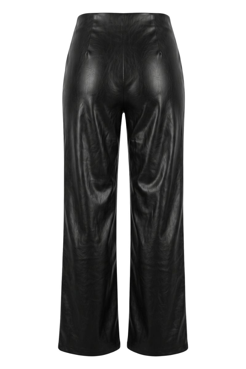 Black wide-leg faux leather pants with a high waist, photographed against a solid white background.
