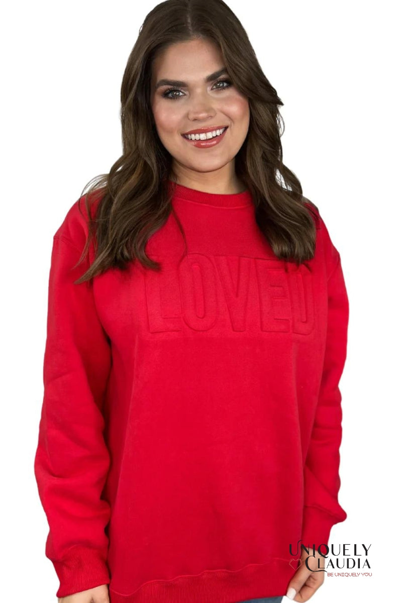 Loved Red Embossed Sweatshirt | Uniquely Claudia Boutique