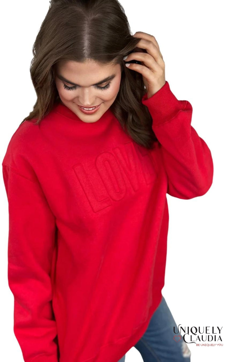 Loved Red Embossed Sweatshirt | Uniquely Claudia Boutique
