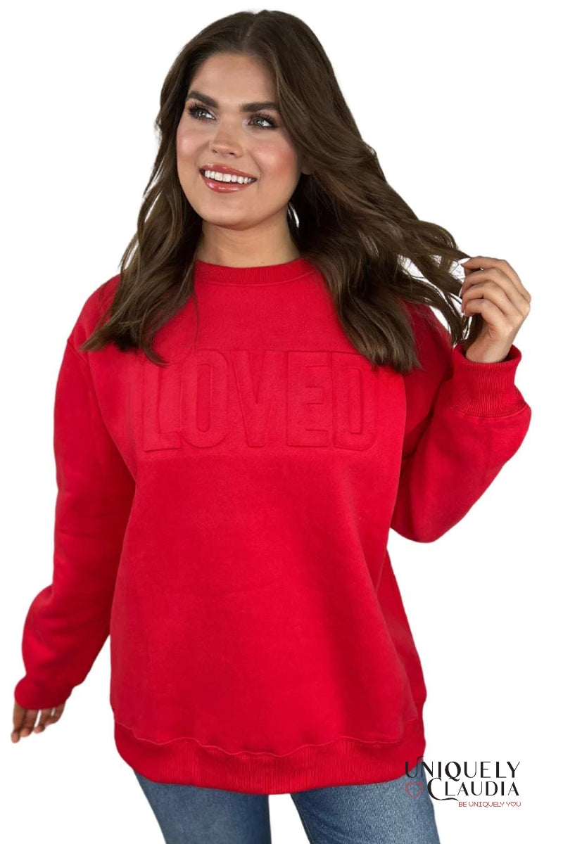Loved Red Embossed Sweatshirt | Uniquely Claudia Boutique