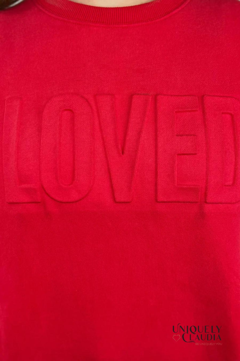 Loved Red Embossed Sweatshirt | Uniquely Claudia Boutique