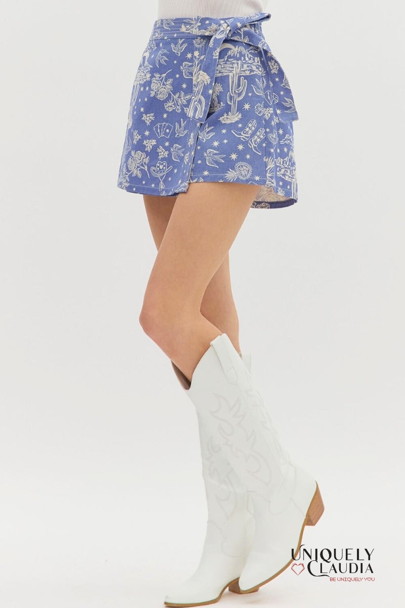 Lyla Western Motif Denim Wrap Skort - Uniquely Claudia Boutique