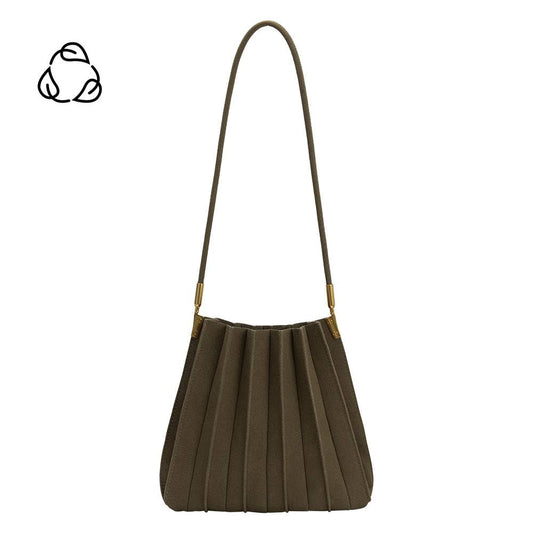 An olive pleated shoulder bag with a single strap and gold-tone hardware, shown against a plain white background with a small black recycling symbol in the top-left corner.
