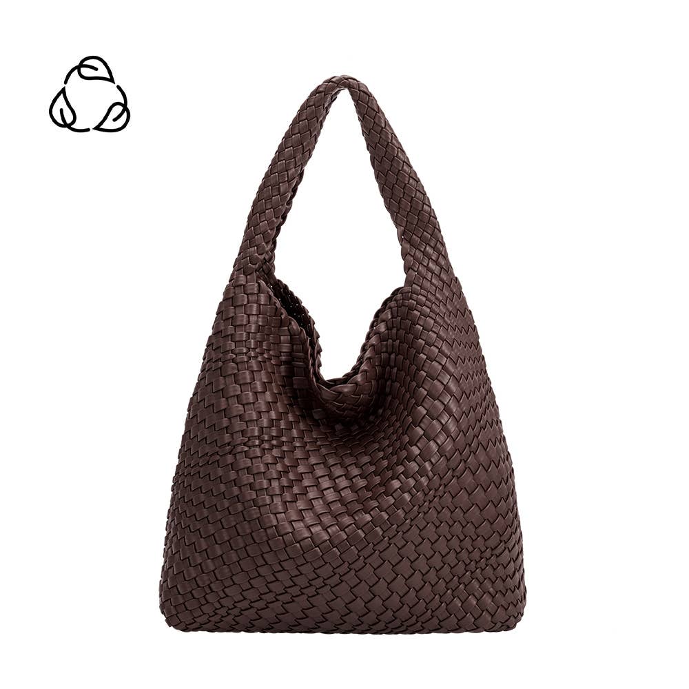 Brown woven handbag on a white background
