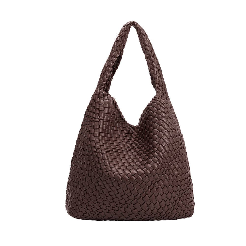 Brown woven handbag on a white background