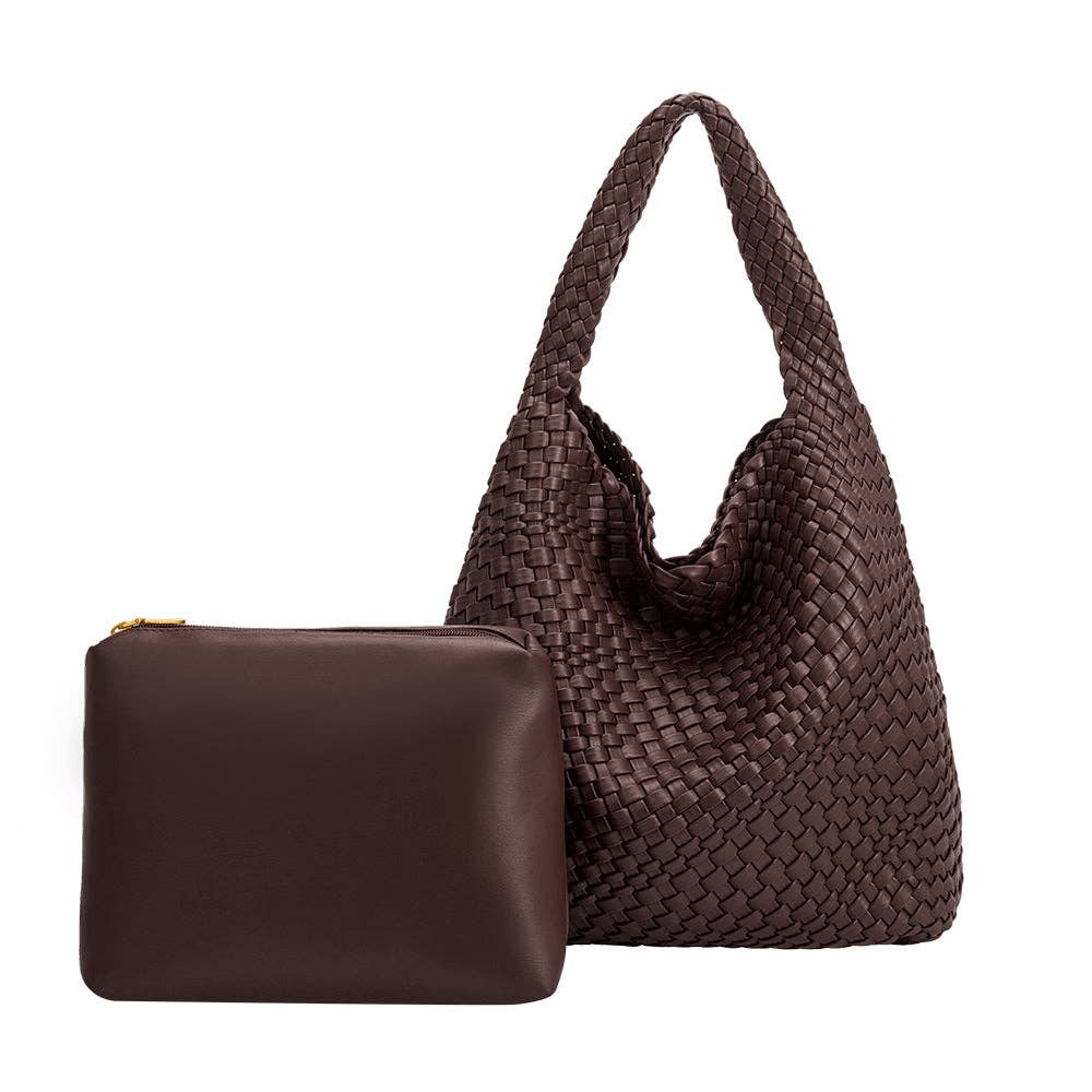 Brown woven handbag and matching pouch on a white background