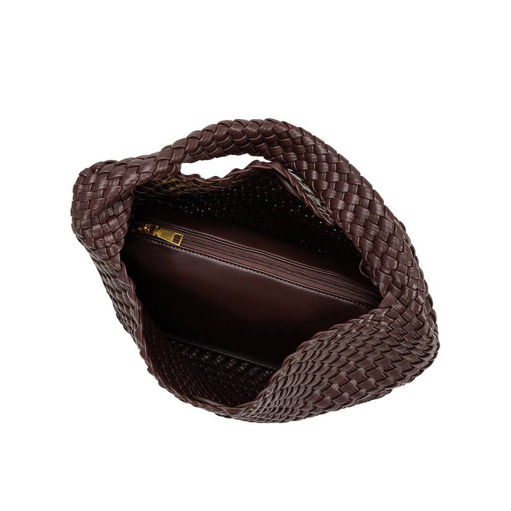 Brown woven handbag with open front on a white background