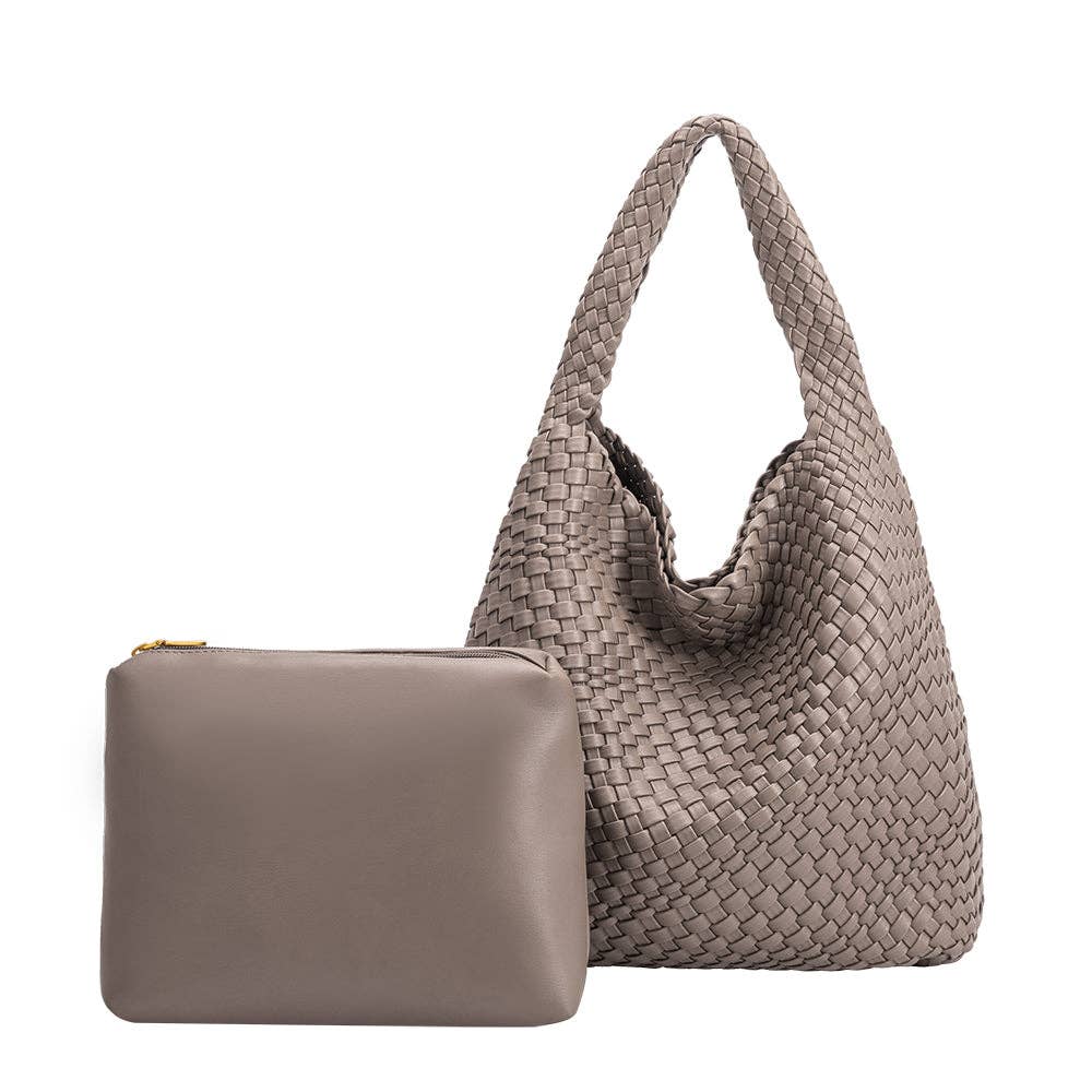 Woven handbag and flat pouch set in gray on a white background