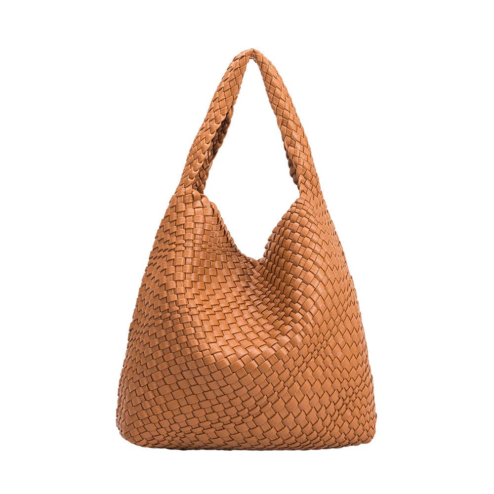 Saddle woven handbag on a white background