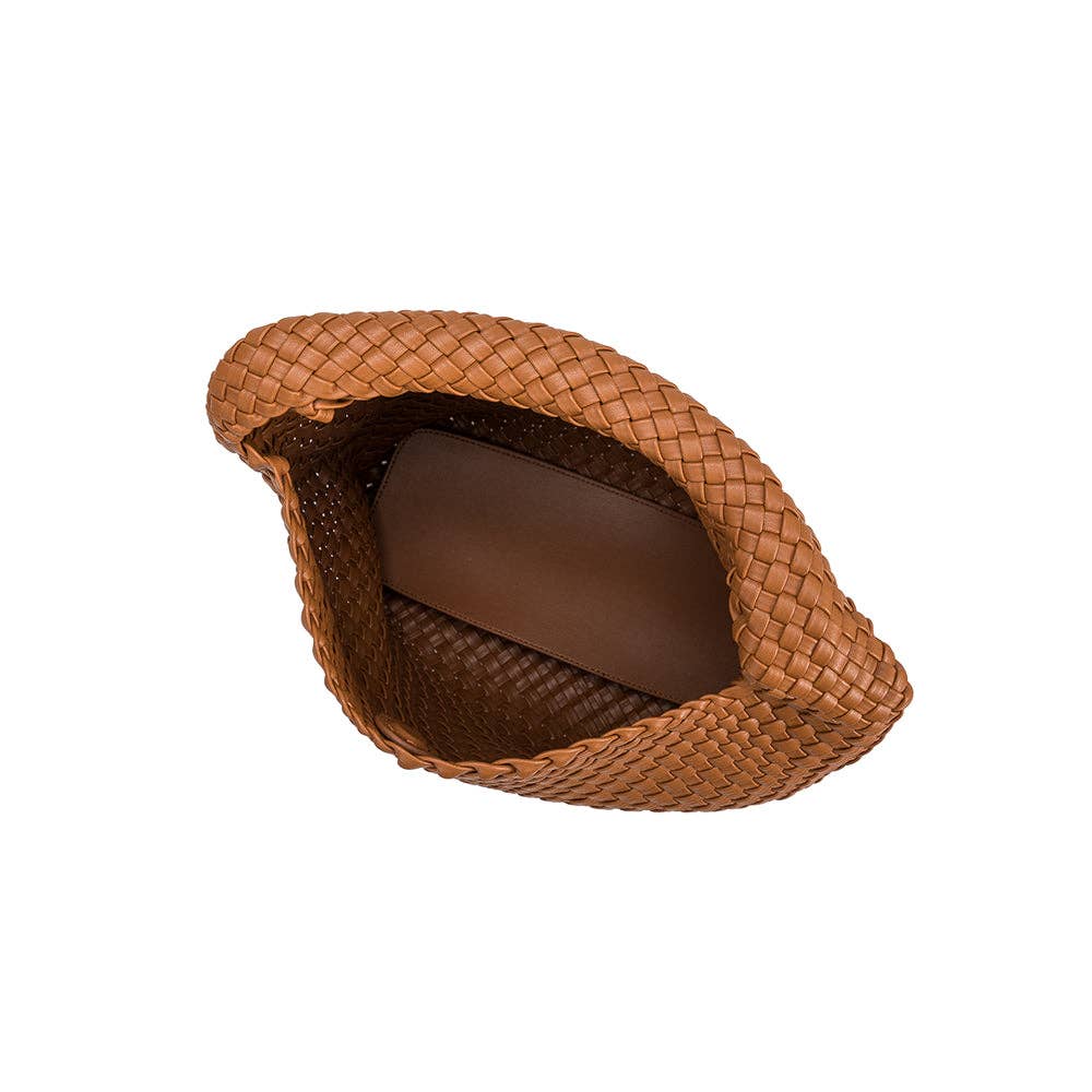Saddle woven leather bag on a white background