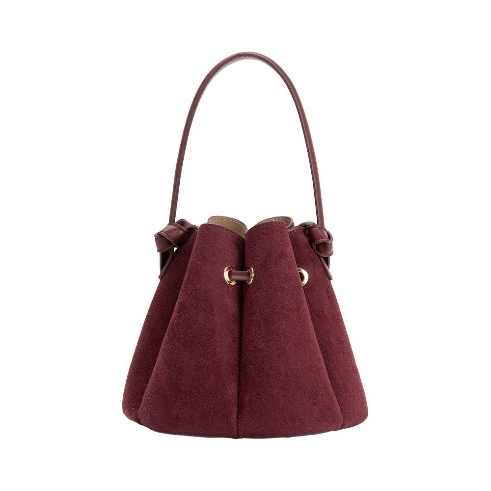 Maroon handbag with gold accents on a white background