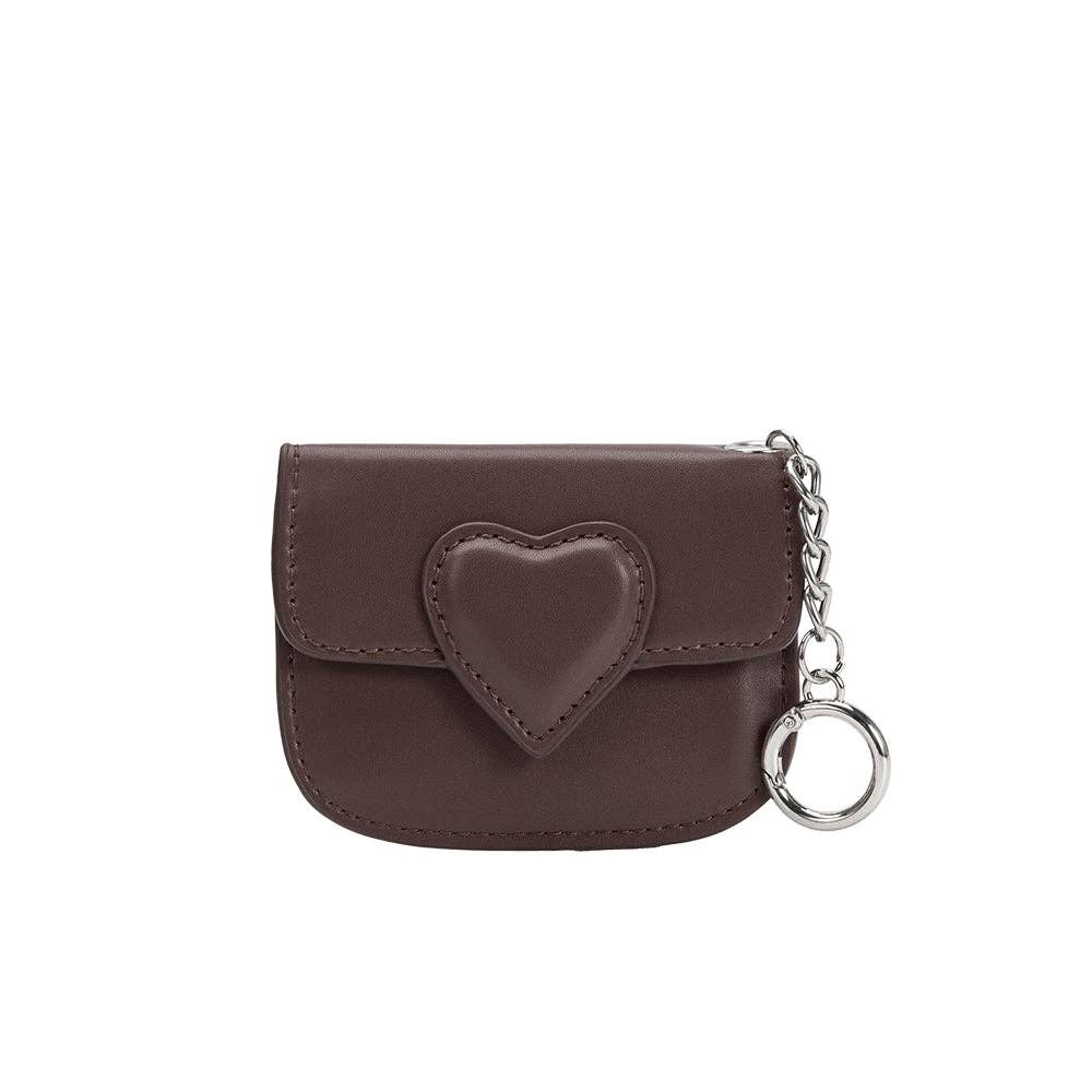 Brown leather pouch with heart design and chain on a white background