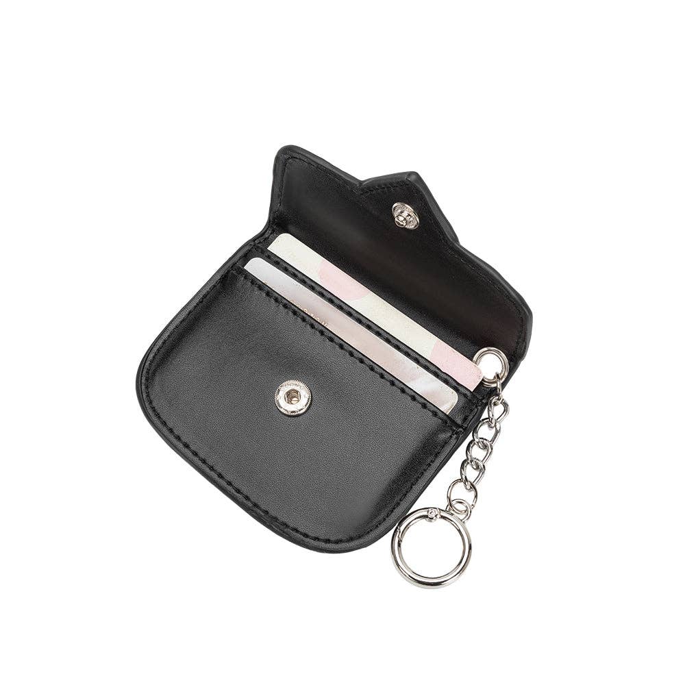 Black cat-shaped keychain pouch with a keyring on a white background