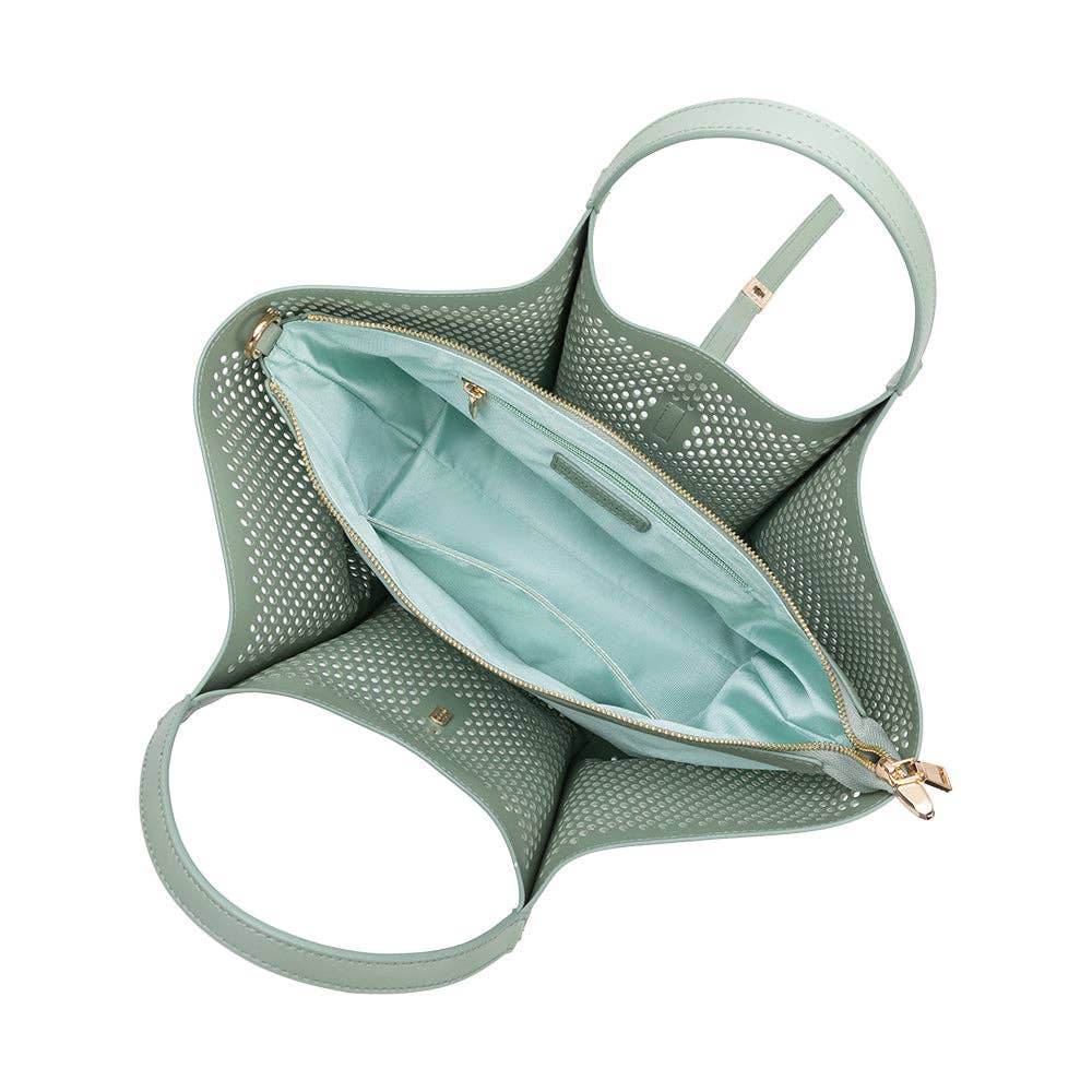 MELIE BIANCO: Malia Sage Laser Cut Vegan Leather Tote Bag