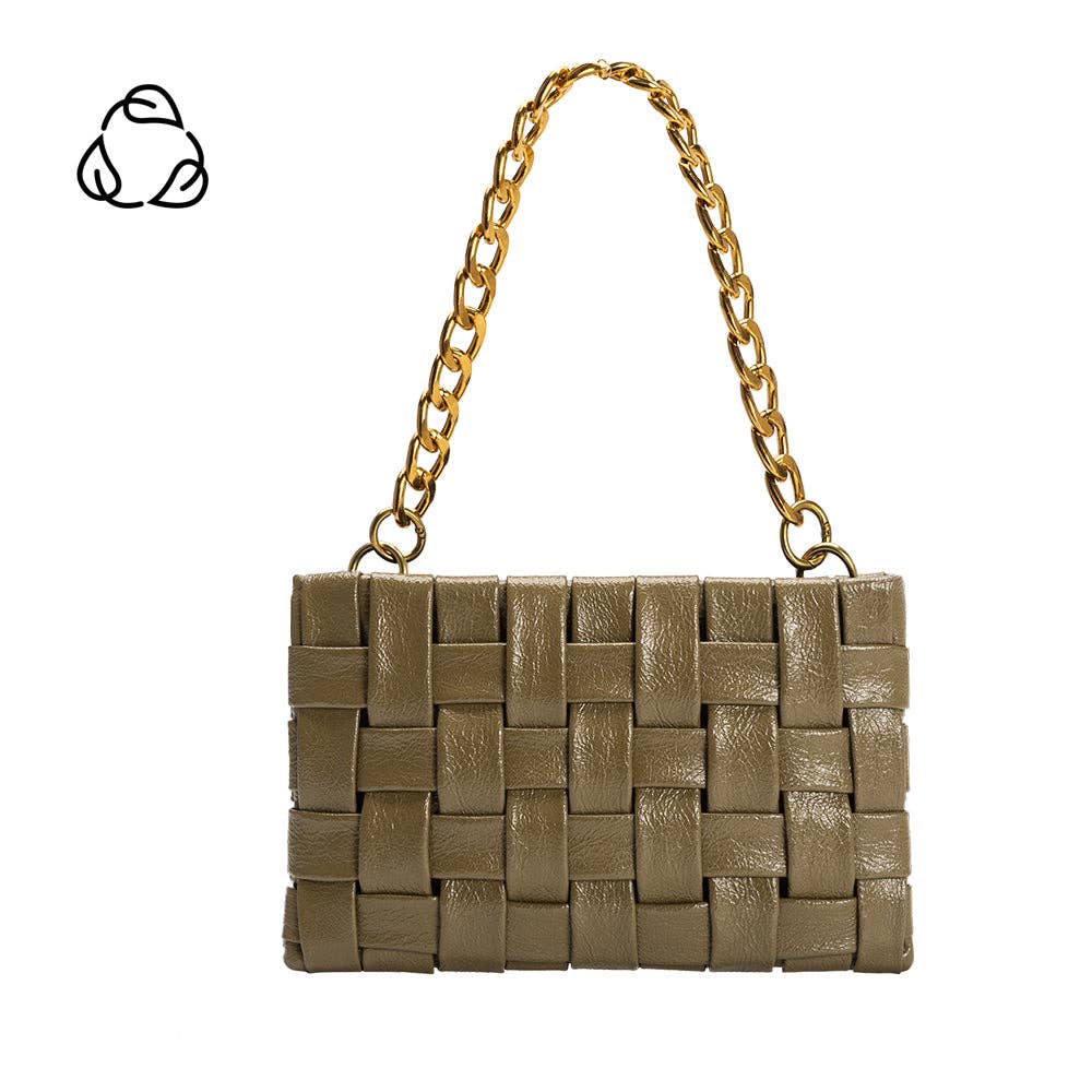 Woven handbag with gold chain handle on a white background