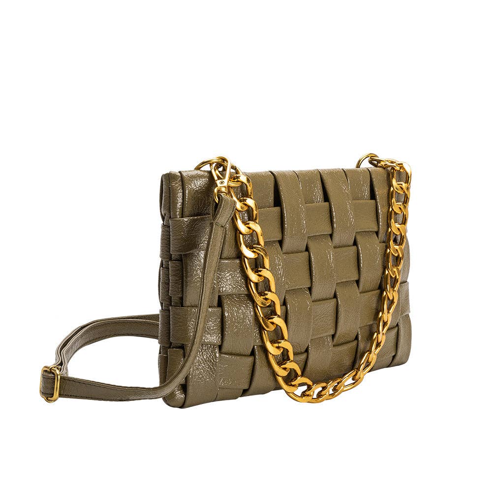 Green woven handbag with a gold chain strap on a white background