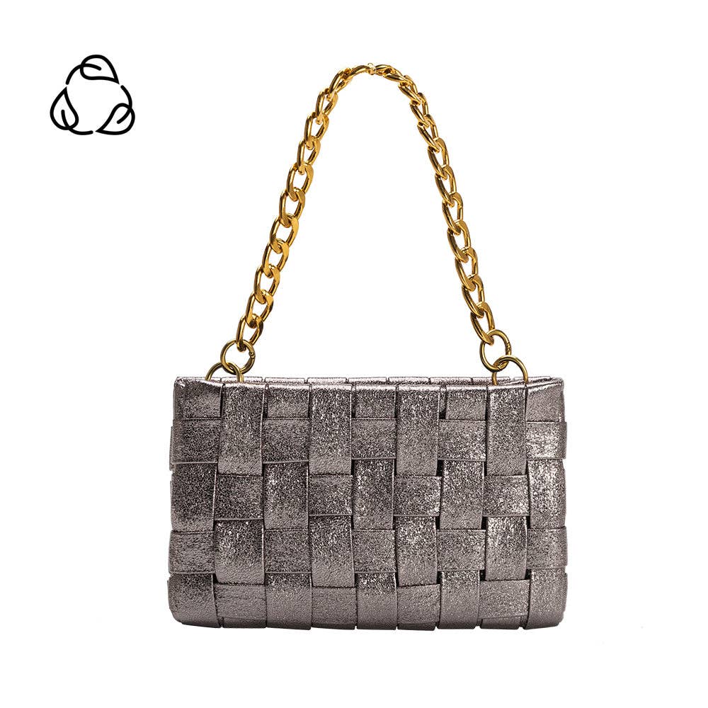 Silver woven handbag with a gold chain handle on a white background