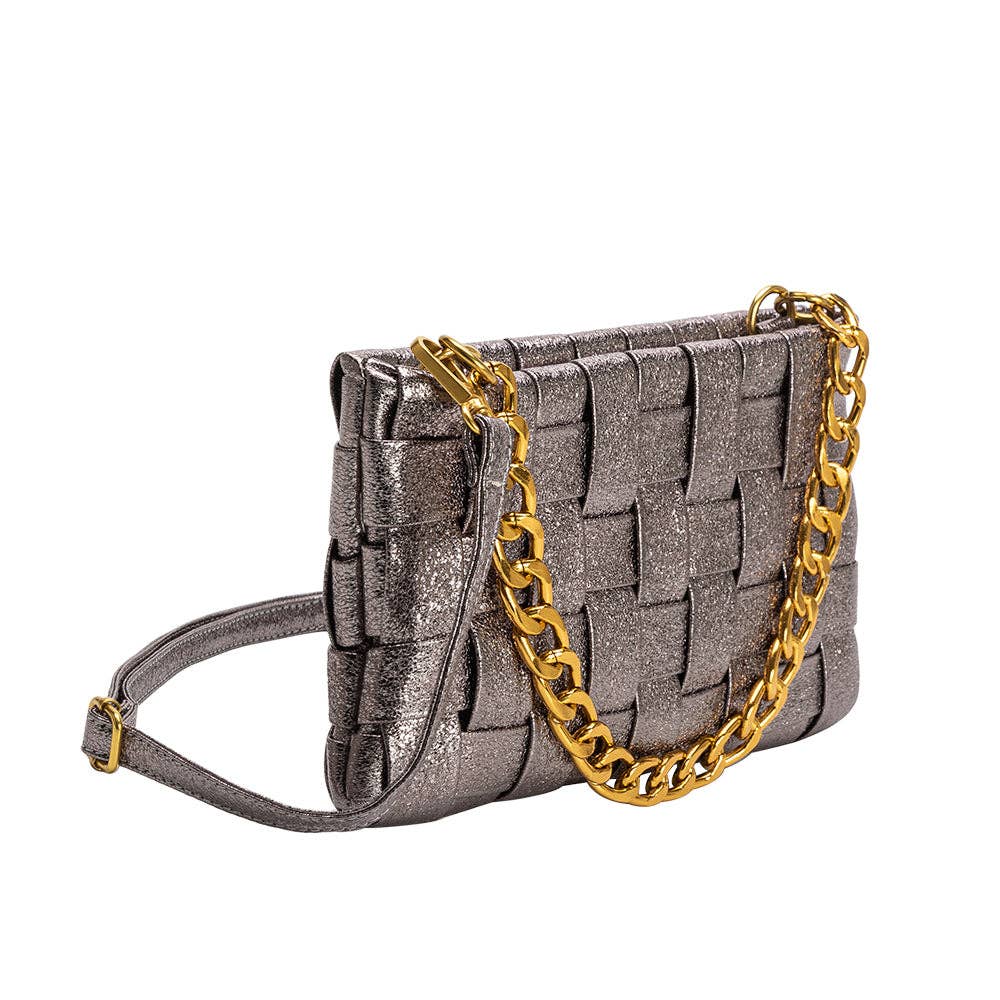 Silver woven handbag with a gold chain strap on a white background