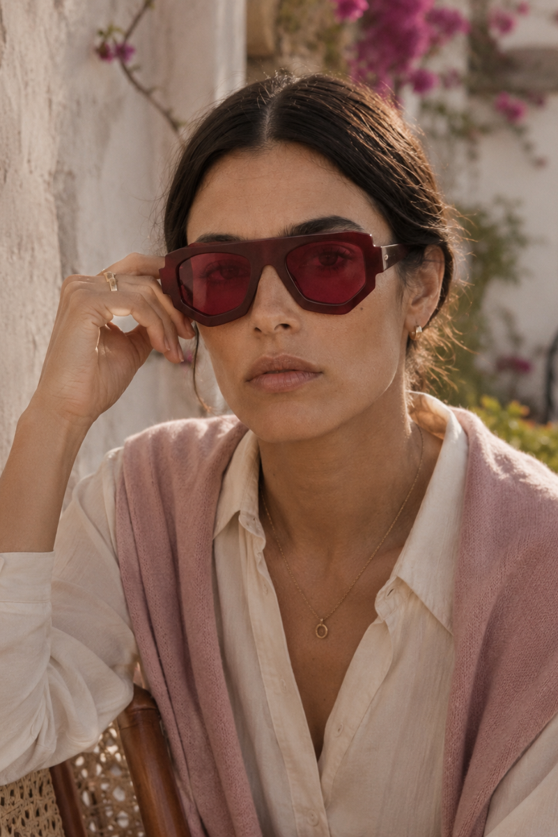 A woman wearing angular dark red tinted sunglasses with a thick black frame, styled with a white shirt and a dusty pink knit shawl, leaning against a rustic white wall.