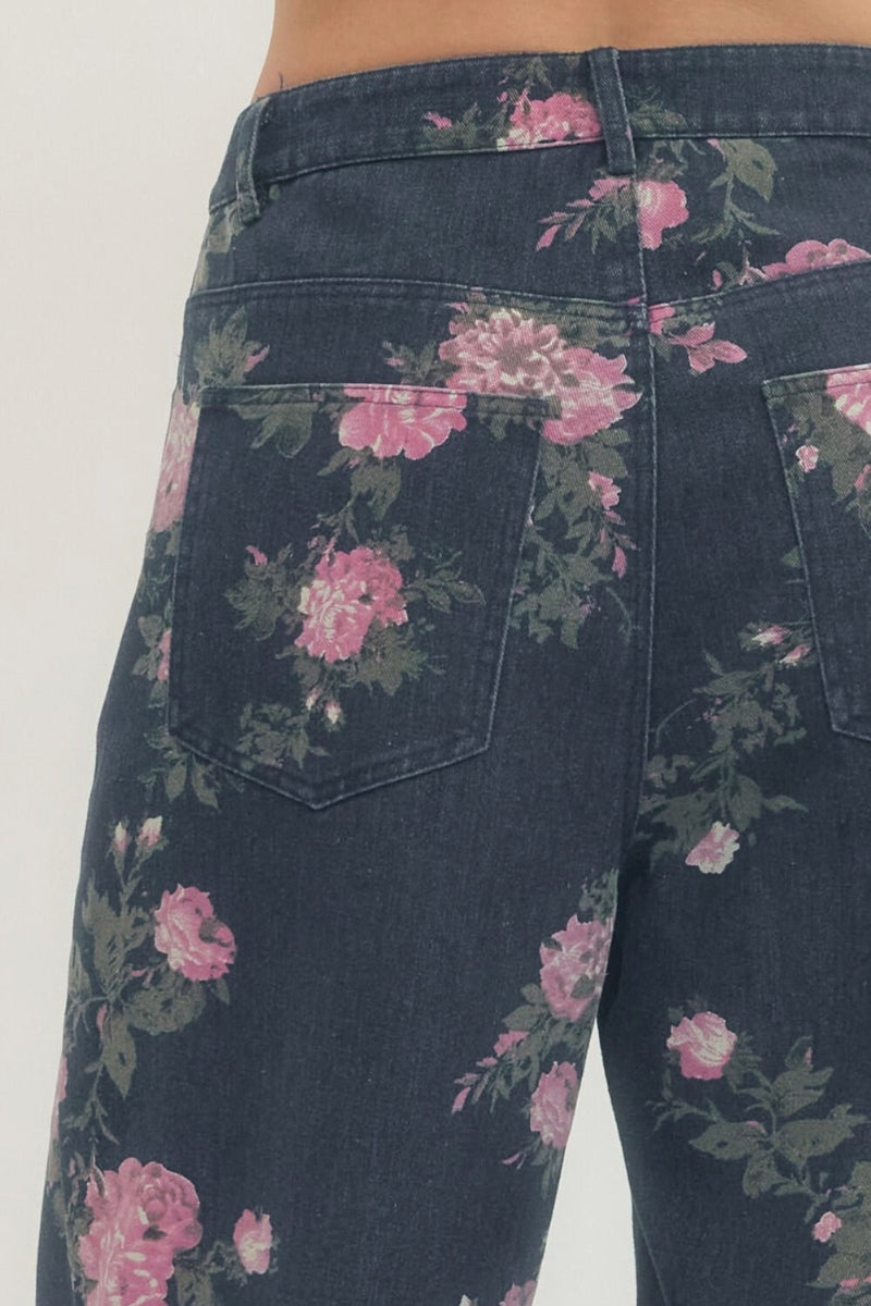 Margaux Floral Print Dark Wash Denim Pants - Uniquely Claudia Boutique