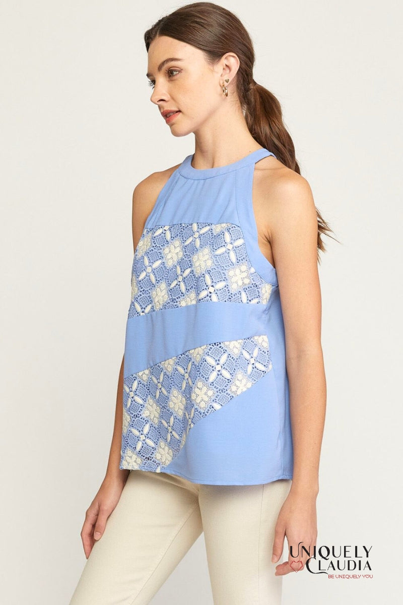 Woman wearing crochet halter top