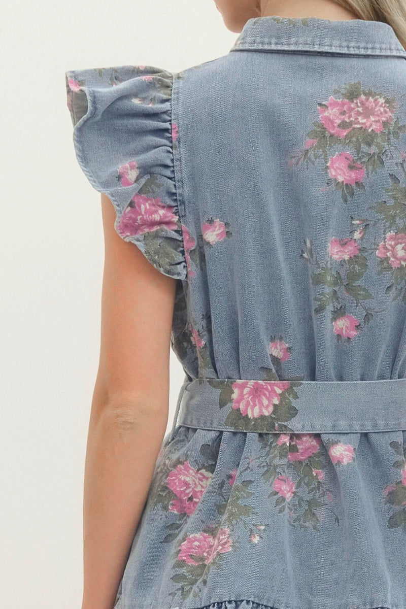 Melissa Floral Print Ruffle Sleeve Medium Wash Denim Dress - Uniquely Claudia Boutique
