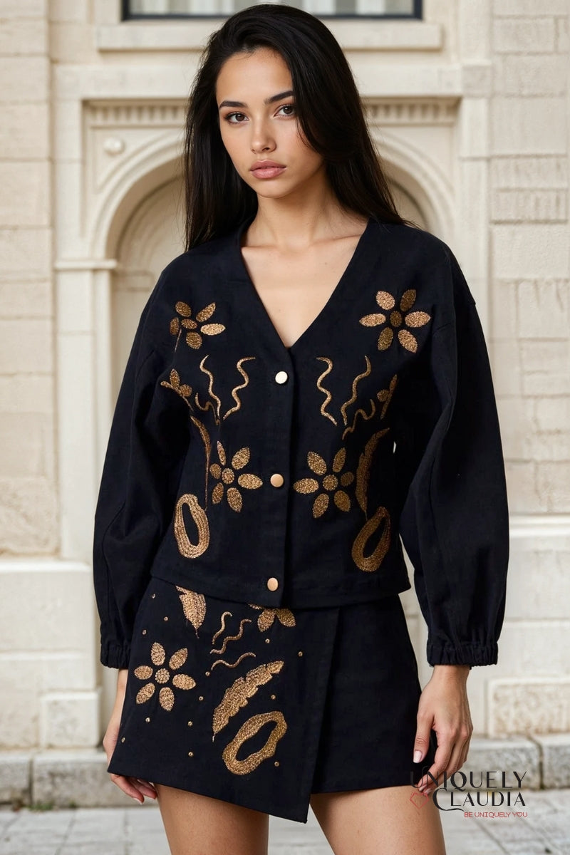 Michelle Gold Embroidered Long Sleeve Button-Down Jacket