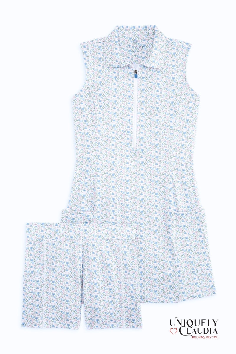 Light blue floral sleeveless dress with a zipper on a white background