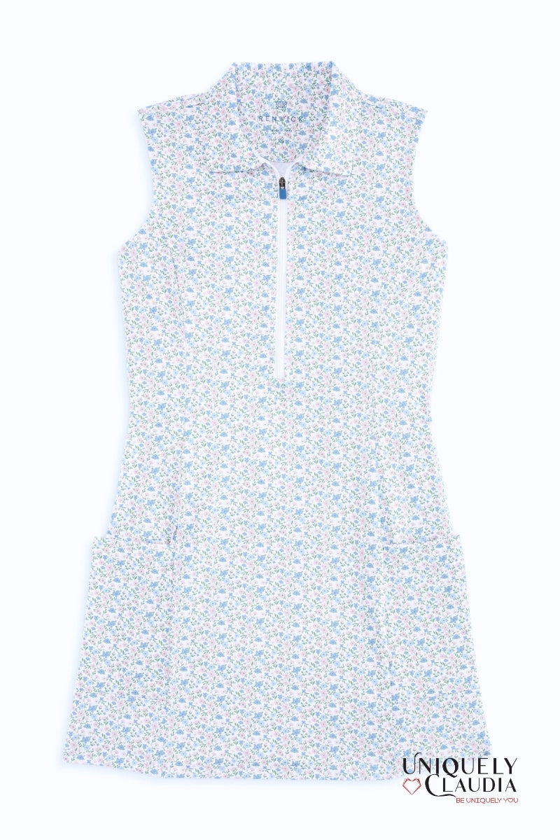 Light blue sleeveless floral dress on a white background