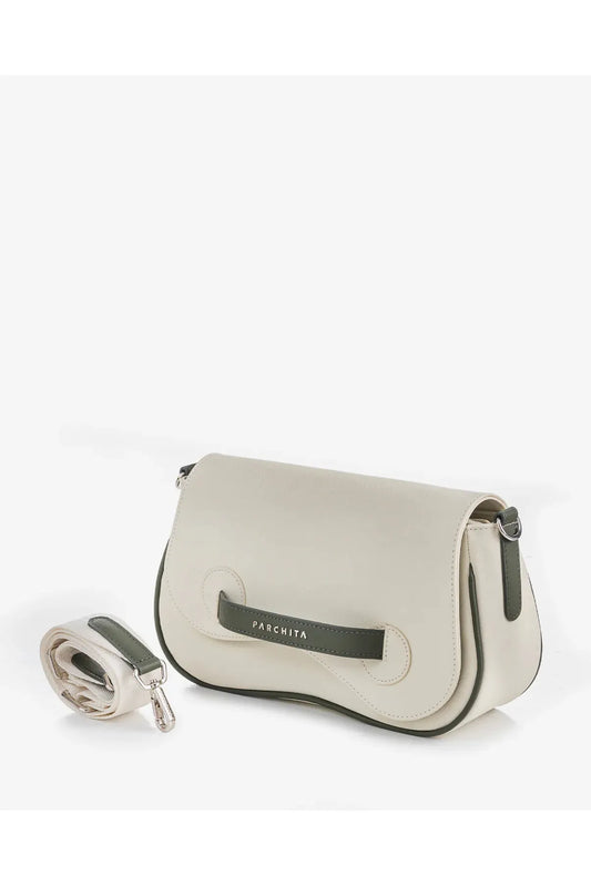Parchita Brand Handbag with black accents and a matching strap on a white background