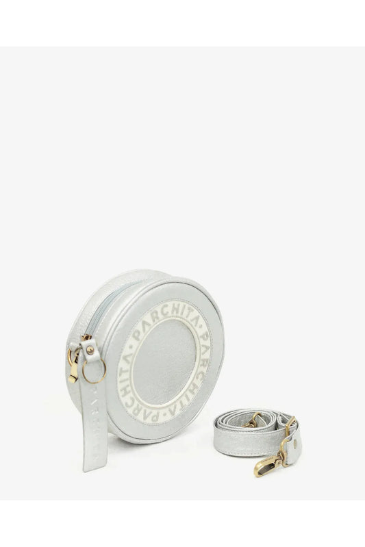 Round white handbag with visible brand name on a white background