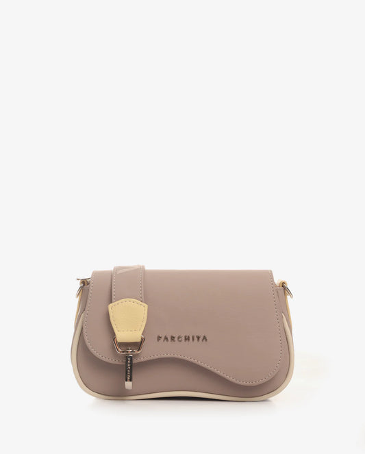 Small handbag with gold accent on a white background