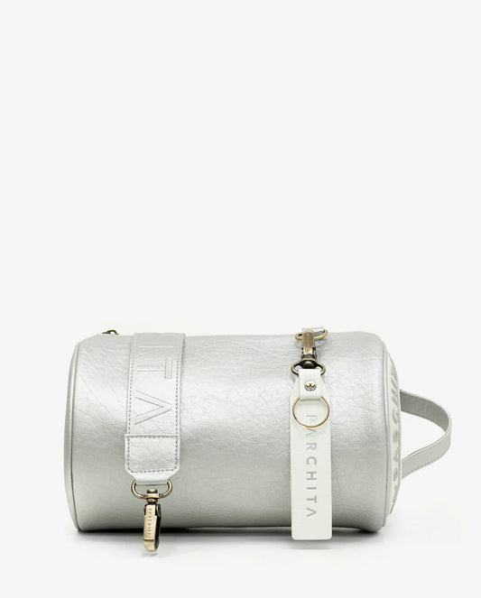 Silver cylindrical bag with a strap on a white background
