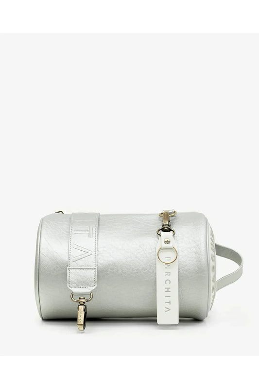 Silver cylindrical bag with a strap on a white background
