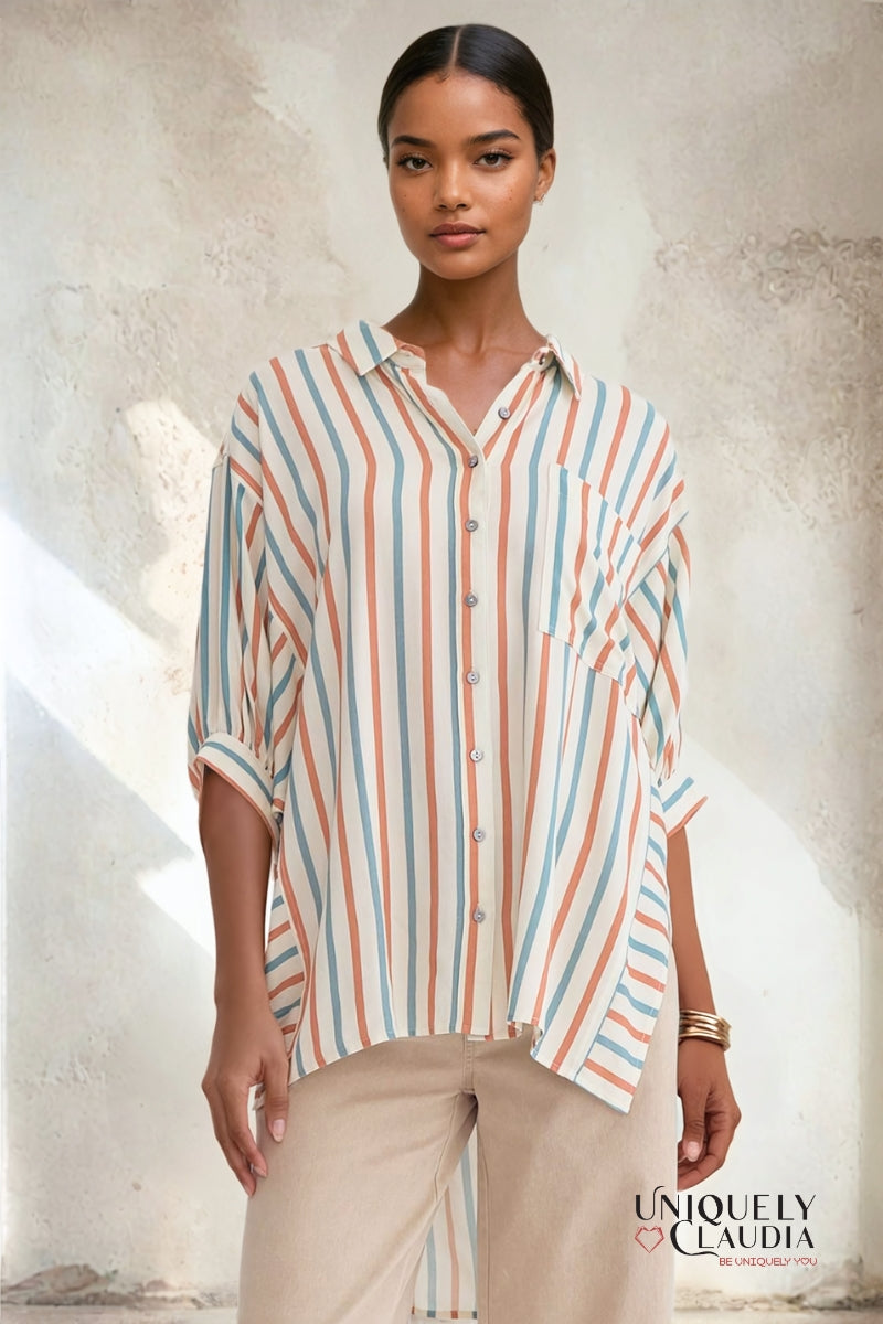 Renee Dolman Sleeve Striped Button-Down Shirt - Uniquely Claudia Boutique