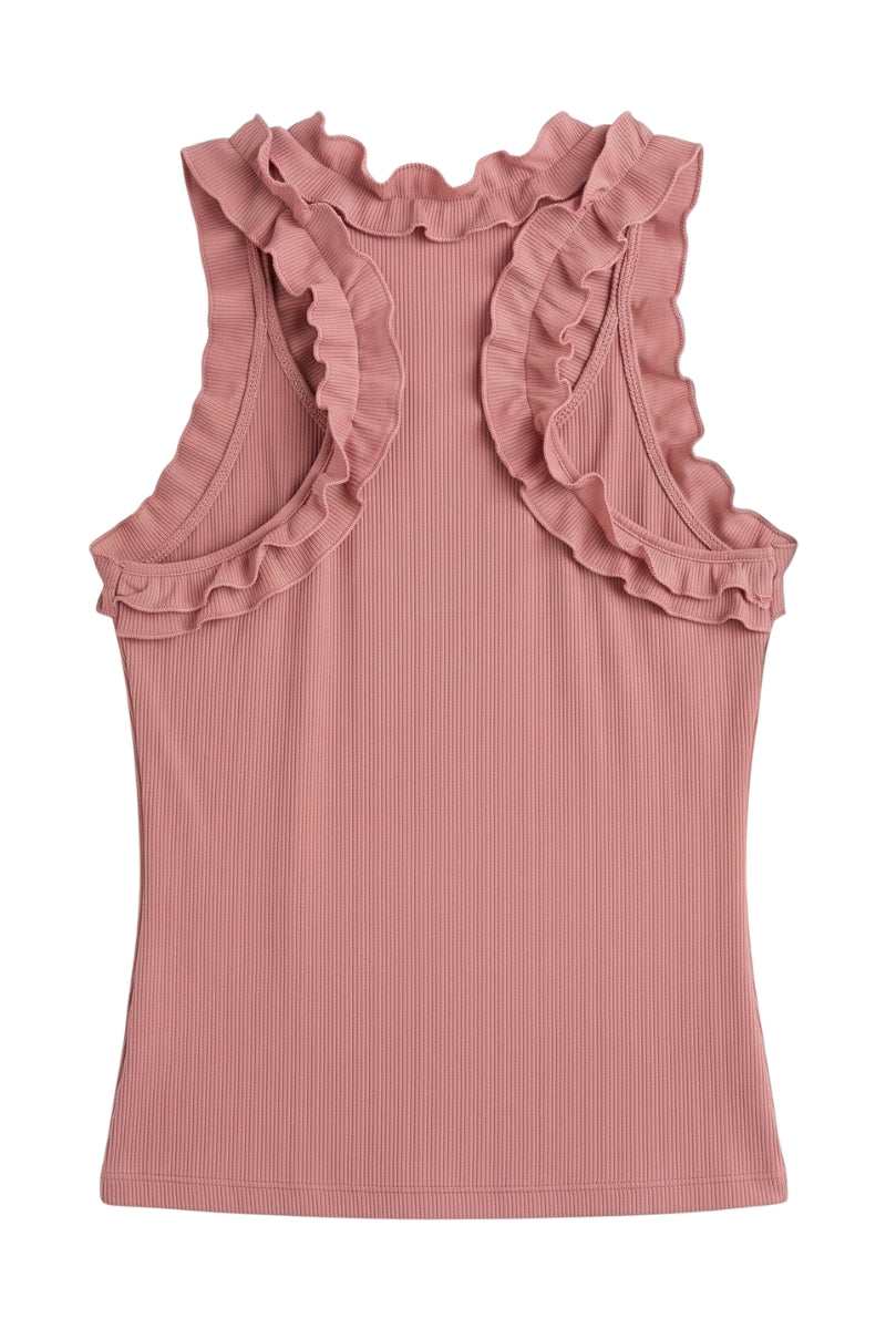 A dusty rose ribbed tank top with ruffled trim along the scoop neck and armholes, shown flat against a white background.