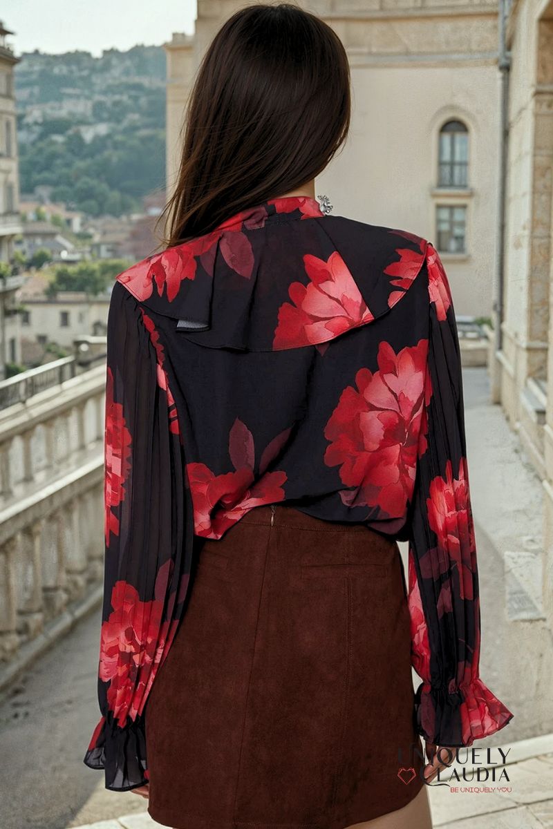 Scarlet Floral Chiffon Neck-Tie Blouse