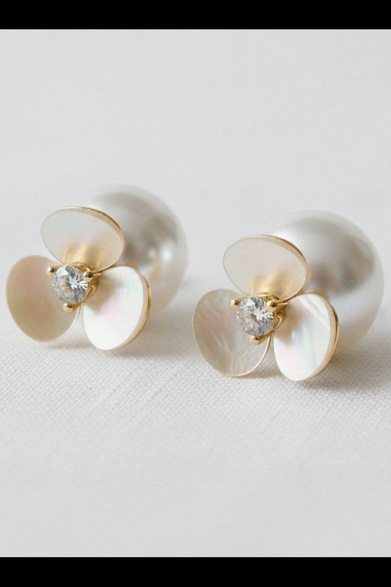 Pair of earrings with gold and pearl design on a light background