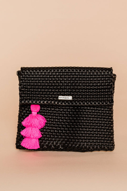 Solid Woven Black Clutch with Tassel | Uniquely Claudia