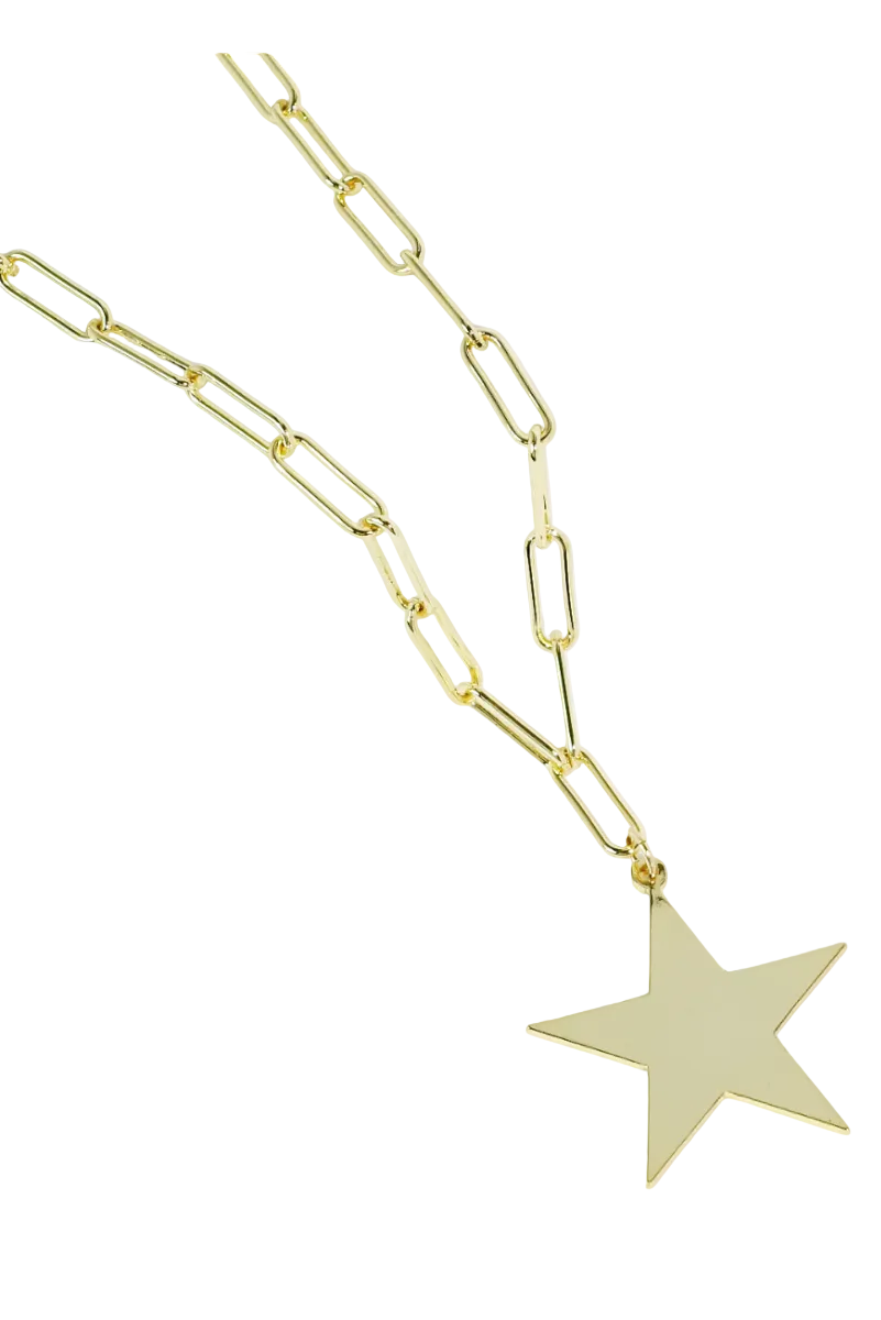 Gold star pendant necklace on a white background
