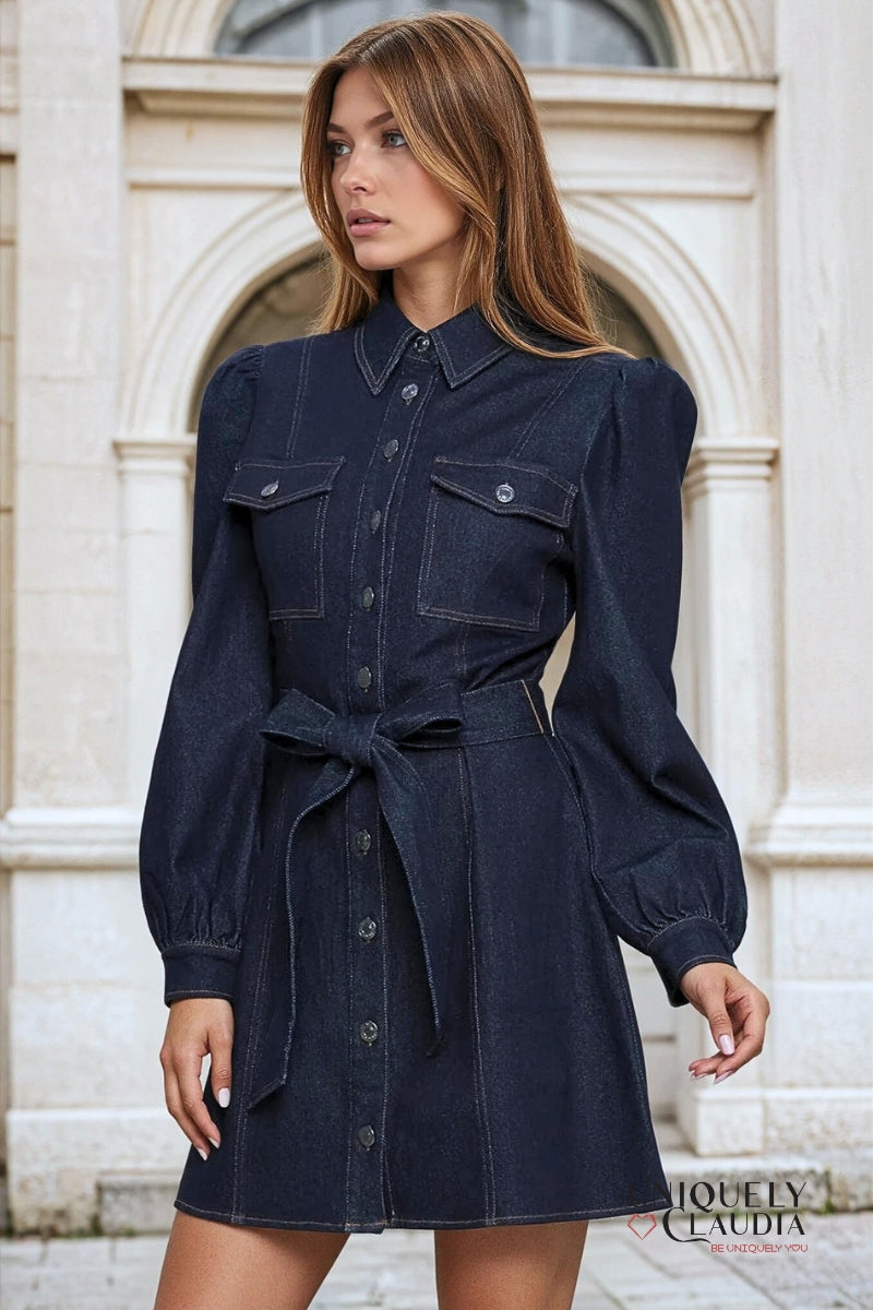 Woman wearing a navy denim dress with a belt in front of an architectural background