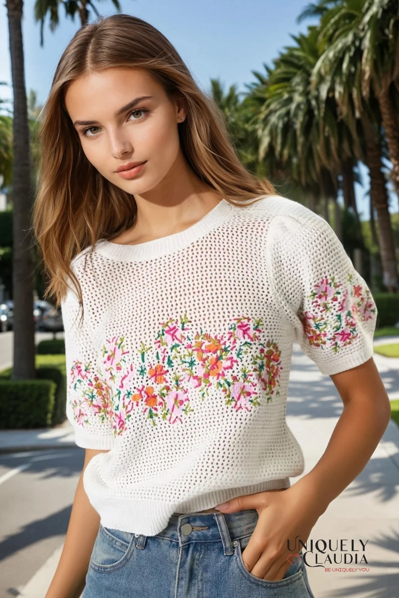 Susan Puff Sleeve Floral Embroidered Crochet Top | Uniquely Claudia