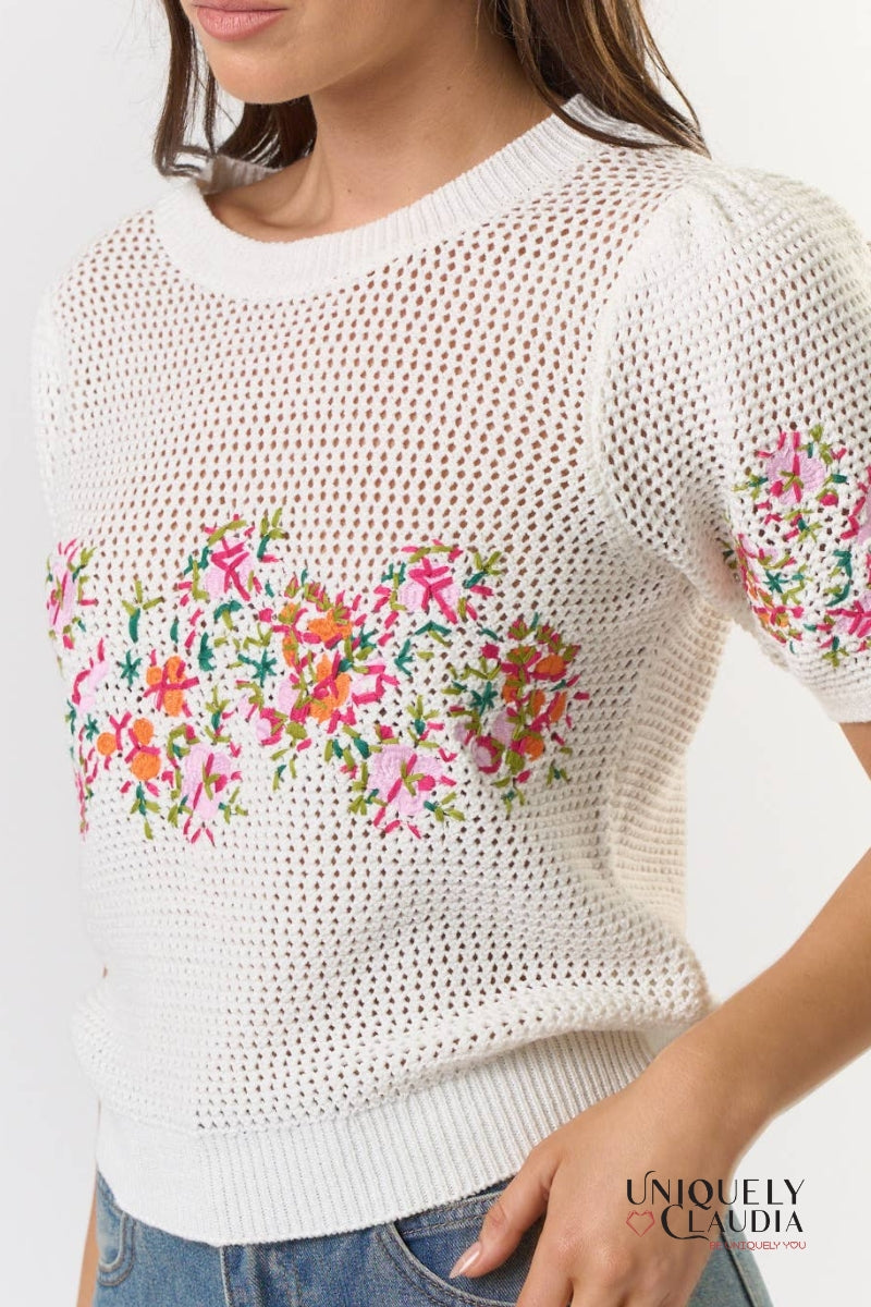 Susan Puff Sleeve Floral Embroidered Crochet Top | Uniquely Claudia