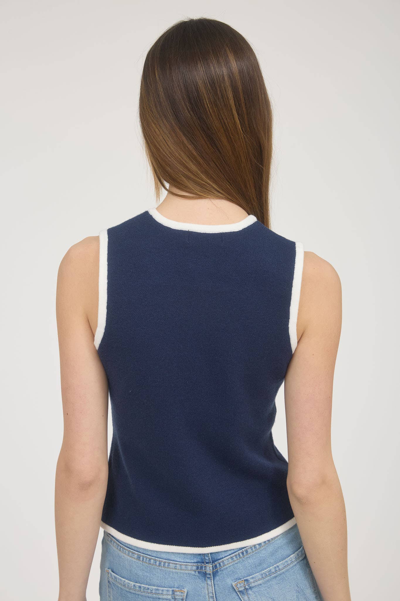 Tracy Contrast Trim detail Gold Button Knit Vest | Uniquely Claudia