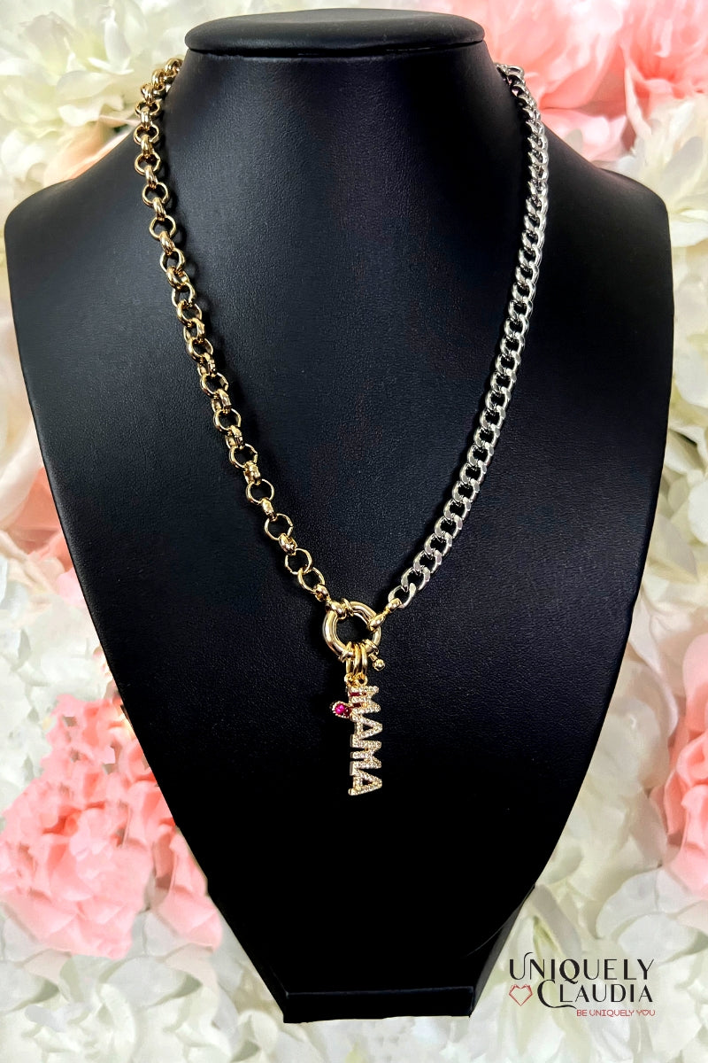 Two-Tone MAMA Chain Necklace with Heart Charm