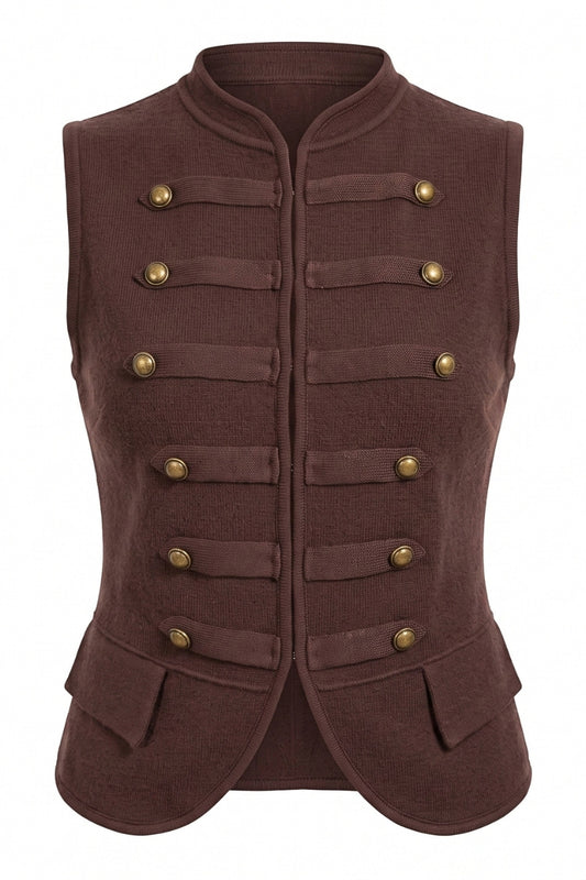 A dark brown military-style vest with double-breasted gold buttons, a mandarin collar, and front flap pockets, shown on a plain white background.