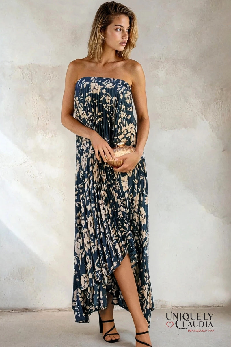 Yaneth Floral Asymmetrical Pleated Maxi Dress